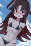  1girl bikini black_bikini black_hair blue_sky breasts cloud commentary_request cowboy_shot dutch_angle highres long_hair looking_at_viewer micro_bikini multicolored_hair nakami_cheese open_mouth red_eyes red_hair ryuuou_no_oshigoto! sky small_breasts solo swimsuit two-tone_hair upper_teeth yashajin_ai 