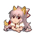  1girl animal_ears chibi commentary dog_ears dog_tail doge english_commentary eyebrows_visible_through_hair fujiwara_no_mokou long_hair lowres meme red_eyes shangguan_feiying simple_background solo tail touhou white_background 