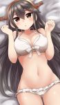  1girl ass_visible_through_thighs bare_shoulders bikini black_hair breasts brown_eyes cleavage hair_between_eyes hair_ornament hairclip haruna_(kantai_collection) headgear highres kantai_collection large_breasts long_hair looking_at_viewer midriff navel remodel_(kantai_collection) simoyuki solo swimsuit white_bikini 