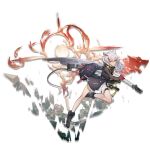  1girl animal_ears arknights backpack bag bangs bare_legs black_footwear black_jacket boots elite_ii_(arknights) full_body gloves hair_between_eyes holding holding_weapon jacket long_hair looking_at_viewer mouse_ears mouse_tail no_pants official_art originium_arts_(arknights) rainli red_gloves scavenger_(arknights) shirt silver_hair solo tail thigh_strap transparent_background weapon white_shirt yellow_eyes 