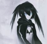  1girl asymmetrical_hair bangs bikini black_bikini black_coat black_hair black_rock_shooter black_rock_shooter_(character) blue_eyes closed_mouth coat flat_chest front-tie_bikini front-tie_top grey_background hair_between_eyes highres hood hood_down hooded_coat long_hair ly_(pixiv13839236) open_clothes open_coat scar shiny shiny_hair solo swimsuit twintails upper_body white_skin 