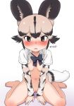  1girl african_wild_dog_(kemono_friends) african_wild_dog_print animal_ear_fluff animal_ears barefoot between_legs blue_bow blush bottomless bow bowtie breasts brown_eyes dog_ears dog_girl dog_tail extra_ears eyebrows_visible_through_hair full_body hair_between_eyes hand_between_legs highres kemono_friends long_sleeves looking_at_viewer masuyama_ryou multicolored_hair navel nipples nude open_clothes open_shirt pussy short_hair sidelocks sitting small_breasts solo sweat tail uncensored v_arms wariza 