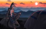  adventure anthro blue_bottomwear blue_clothing blue_shorts bottle bottomwear camping camping_tent canid canine canis clothed clothing flintnightwolf fur grey_body grey_fur holding_bottle holding_object male mammal mountain muscular muscular_anthro outside shorts solo sunset topless tsaiwolf white_body white_fur wolf 