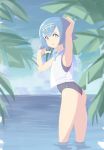  1girl absurdres arm_up armpits ass blue_eyes blue_hair blue_sailor_collar cloud commentary freckles hairband hand_up highres looking_at_viewer looking_back melonyogurt no_sclera one-piece_swimsuit outdoors palm_tree parted_lips pokemon pokemon_(game) pokemon_sm sailor_collar shirt short_hair sky sleeveless smile solo suiren_(pokemon) swimsuit swimsuit_under_clothes tree trial_captain wading water 