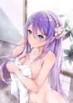  1girl aqua_eyes breasts closed_mouth hair_between_eyes hair_ribbon hairband highres holding holding_towel large_breasts long_hair mutang nude princess_connect! princess_connect!_re:dive purple_hair ribbon shizuru_(princess_connect!) solo towel wet white_hairband white_ribbon 