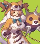  1girl :d ball_and_chain bell blue_neckwear bow bowtie breasts brown_eyes brown_gloves brown_hair character_request copyright_request cow_bell curled_horns gloves green_background holding holding_weapon hood hood_up horn_bow horns kotoribako large_breasts long_sleeves looking_at_viewer neck_bell open_mouth simple_background smile solo weapon 