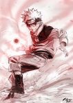  1boy boots clenched_teeth fingernails headband jacket limited_palette long_sleeves male_focus naruto naruto_(series) pants puma_(hyuma1219) rasengan red_eyes sharp_fingernails solo spiked_hair teeth uzumaki_naruto 