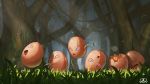  :d bare_tree broken_egg closed_mouth commentary_request egg exeggcute gen_1_pokemon grass highres hopping light_rays no_humans open_mouth outdoors plant pokemon pokemon_(creature) smile sunbeam sunlight supearibu tongue tree vines watermark 