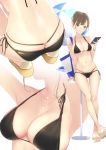  1girl ama_mitsuki arm_support armpits arms_up ass ass_visible_through_thighs bag ball bangs bare_arms bare_legs bare_shoulders beachball bikini black_bikini black_ribbon blush bracelet breasts brown_eyes brown_footwear brown_hair cellphone cleavage closed_mouth collarbone dated earrings eyebrows_visible_through_hair full_body hat jewelry large_breasts looking_at_phone lower_body multiple_views navel necklace original phone ribbon santa_hat short_hair shoulder_bag side-tie_bikini skindentation smartphone smile squatting stomach stud_earrings swimsuit thigh_gap twitter_username wet 