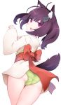  1girl :3 absurdres ahoge animal_ear_fluff animal_ears arms_up ass bomitto_(zundaffy) brown_hair fox_ears fox_tail from_behind green_panties highres japanese_clothes kimono long_hair looking_back obi open_mouth panties paw_pose purple_eyes sash short_kimono simple_background slit_pupils smile solo tail thigh_gap thighs touhoku_kiritan twintails underwear voiceroid white_background white_kimono 