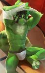  absurd_res ailurid anthro armpit_hair bakemonoy body_hair clothing fur green_body green_fur hi_res inside locker male mammal muscular pawpads paws rayley_(character) red_panda solo underwear undressing 