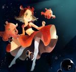  1girl air_bubble bare_arms bare_shoulders bubble crop_top flapjack_octopus flat_chest floating_hair green_eyes masuda_(yousaytwosin) medium_hair navel original pantyhose parted_lips personification red_skirt skirt solo underwater white_legwear 