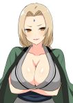  1girl blush breast_hold breasts brown_eyes closed_mouth collarbone crossed_arms facial_mark forehead_mark huge_breasts japanese_clothes light_brown_hair lipstick looking_at_viewer low_twintails makeup medium_hair naruto naruto_(series) sash smile solo tawashi1623 tsunade twintails upper_body 