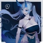  1girl arm_strap blue_dress blue_eyes blue_horns breasts chain cleavage dress elatius_the_anchorwielder fangs fangs_out grey_skin highres horns large_breasts looking_to_the_side oni_horns original pixiv_fantasia pixiv_fantasia_revenge_of_the_darkness solo tail twintails v-shaped_eyebrows virgosdf 