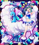  1girl ;d abstract_background akihorisu altaria aqua_hair armpits asymmetrical_hair bangs bare_shoulders blue_choker blue_footwear blush choker collarbone commentary_request crop_top drop_shadow earrings eyebrows_visible_through_hair full_body fur_trim gen_3_pokemon groin hair_ornament hand_on_hip highres idol jewelry long_hair looking_at_viewer lucia_(pokemon) midriff navel notice_lines one_eye_closed open_mouth pokemon pokemon_(creature) pokemon_(game) pokemon_oras ponytail shoes shorts showgirl_skirt sidelocks single_thighhigh skindentation smile standing starry_background striped striped_legwear thighhighs twitter_username upper_teeth v white_shorts 