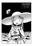 1girl :d absurdres blush border camera child closed_eyes coordinates dress earth eyebrows_visible_through_hair facing_viewer greyscale hat highres long_hair masuda_(yousaytwosin) monochrome moon open_mouth original smile solo space standing sun_hat sundress white_border 