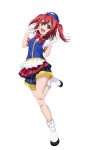  1girl :d bangs blue_headwear blue_shorts blue_vest boots bow bowtie floating_hair full_body gloves green_eyes hair_between_eyes happy_party_train hat highres kurosawa_ruby long_hair love_live! love_live!_sunshine!! mini_hat miniskirt official_style open_mouth red_bow red_hair red_neckwear red_skirt shirt short_shorts short_sleeves shorts shorts_under_skirt simple_background skirt smile solo standing standing_on_one_leg striped striped_bow striped_neckwear twintails vertical-striped_shorts vertical-striped_skirt vertical_stripes vest white_background white_footwear white_gloves white_shirt yu-ta 