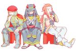  3boys assassin&#039;s_creed_(series) assassin&#039;s_creed_ii beard beret bravely_default:_flying_fairy bravely_default_(series) crossover facial_hair gloves hat headband ikuma_naerik leonardo_da_vinci long_hair male_focus multiple_boys nishihara_isao red_hair renaissance_clothes sitting tales_of_(series) tales_of_symphonia yawning zelos_wilder 