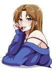  1girl bare_shoulders blue_eyes blush breasts brown_hair cherry food fruit idolmaster idolmaster_cinderella_girls large_breasts licking long_hair long_sleeves looking_at_viewer matsumoto_sarina off-shoulder_shirt off_shoulder seductive_smile shirt sidelocks smile solo tawashi1623 tongue tongue_out upper_body 