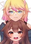  2girls :d absurdres bare_shoulders blonde_hair blue_eyes bra_strap brown_eyes brown_hair chin_on_head chin_rest commentary earrings english_commentary glasses gradient_hair hair_flaps heart height_difference highres hoop_earrings jewelry long_hair looking_at_viewer multicolored multicolored_eyes multicolored_hair multiple_girls open_mouth original pink_hair round_teeth smile string string_of_fate teeth temachii upper_teeth white_background yellow-framed_eyewear yellow_pupils 