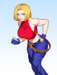  1girl absurdres bare_shoulders belt belt_buckle blonde_hair blue_eyes blue_mary breasts buckle fatal_fury feet_out_of_frame fingerless_gloves gloves highres large_breasts looking_at_viewer midriff navel pants short_hair simple_background sleeveless solo standing stomach teeth the_king_of_fighters white_background zelus 