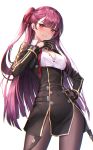  1girl absurdres bangs black_gloves black_legwear blunt_bangs braid breasts checkered chyopeuteu cleavage collared_shirt contrapposto covered_navel cowboy_shot eyebrows_visible_through_hair girls_frontline gloves hair_ribbon hand_on_hip highres huge_filesize long_hair long_sleeves looking_at_viewer medium_breasts no_bra one_side_up open_clothes open_shirt pantyhose parted_lips purple_hair red_eyes red_ribbon ribbon shirt side_slit smile solo straight_hair unbuttoned unbuttoned_shirt very_long_hair wa2000_(girls_frontline) white_shirt wing_collar 