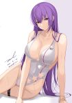  1girl arm_support bare_arms bare_shoulders breasts cleavage collarbone dated girls_frontline groin large_breasts long_hair looking_at_viewer one-piece_swimsuit pink_eyes purple_hair sidelocks signature simple_background sitting smile solo star_cutout swimsuit thigh_strap thighs unel v-shaped_eyebrows very_long_hair wet white_background white_swimsuit yokozuwari zb-26_(girls_frontline) 