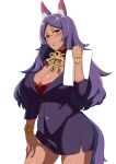  1girl alternate_costume animal_ears aqua_eyes bespectacled blush bracelet breasts cleavage cowboy_shot dark_skin fate/grand_order fate_(series) formal glasses jackal_ears jewelry large_breasts long_hair looking_at_viewer miniskirt office_lady parted_lips purple_hair queen_of_sheba_(fate/grand_order) rimless_eyewear skirt skirt_suit smile solo suit tail tawashi1623 