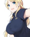  1girl :d armpits blonde_hair blue_eyes blue_shirt breasts collared_shirt eyebrows_visible_through_hair hachimiya_meguru hair_ornament highres idolmaster idolmaster_shiny_colors large_breasts long_hair looking_at_viewer no_nose open_mouth shirt simple_background smile solo star_(symbol) star_hair_ornament sunaba_suzume sweat sweaty_clothes upper_body white_background wing_collar 
