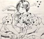  1girl arrow_(symbol) barefoot blush can cat dog dog_tags english_text greyscale holding holding_can holding_game_controller index_finger_raised indian_style looking_at_viewer masuda_(yousaytwosin) monochrome original parted_lips shirt short_hair shorts sitting solo toenails 