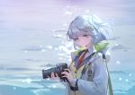  arknights blue_hair brown_eyes camera jpeg_artifacts kurasamerukia short_hair tagme_(character) tie water 