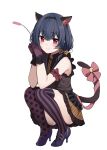  1girl animal_ear_fluff animal_ears bangs blush character_request closed_mouth copyright_request eyebrows_visible_through_hair gin00 hairband looking_at_viewer polka_dot purple_footwear red_eyes simple_background solo striped tail wrist_cuffs 