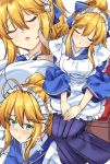  ... 1girl ahoge artoria_pendragon_(all) artoria_pendragon_(lancer) blonde_hair blush closed_eyes commentary_request eyebrows_visible_through_hair fate/grand_order fate_(series) green_eyes hair_between_eyes long_hair looking_at_viewer maid maid_headdress multiple_views open_mouth ponytail pout shirokuma_a simple_background sitting sleeping translation_request white_background 