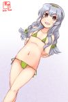  1girl arms_behind_back artist_logo bikini braid cameltoe commentary_request covered_nipples cowboy_shot dated green_bikini green_hairband grey_eyes hairband highres kanon_(kurogane_knights) kantai_collection long_hair lowleg lowleg_bikini micro_bikini side-tie_bikini sidelocks silver_hair simple_background single_braid solo swimsuit wavy_hair white_background yamagumo_(kantai_collection) 