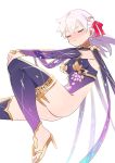  1girl armlet armor bangs bare_shoulders bikini_armor blush bracelet breasts circlet closed_eyes collar detached_sleeves dress earrings fate/grand_order fate_(series) floating floral_print hair_ribbon highres jewelry kama_(fate/grand_order) large_breasts legs long_hair looking_at_viewer metal_collar pelvic_curtain purple_dress purple_legwear purple_sleeves red_ribbon ribbon silver_hair thighhighs thighlet zenshin 