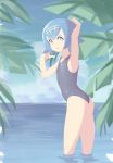  1girl absurdres arm_up armpits ass blue_eyes blue_hair cloud commentary freckles hairband hand_up highres looking_at_viewer looking_back melonyogurt no_sclera one-piece_swimsuit outdoors palm_tree parted_lips pokemon pokemon_(game) pokemon_sm short_hair sky smile solo suiren_(pokemon) swimsuit tree trial_captain wading water 
