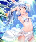  1girl animal_ear_fluff animal_ears arm_cuffs armpits arms_up beach bikini blue_bikini blue_hair blue_sky blush braid breasts bunny-shaped_pupils bunny_ears carrot cloud day eyebrows_visible_through_hair front-tie_bikini front-tie_top highres hololive long_hair looking_at_viewer medium_breasts mogmog multicolored_hair navel ocean open_mouth outdoors palm_tree sarong sky solo standing swimsuit thick_eyebrows tree twin_braids two-tone_hair usada_pekora virtual_youtuber wading water white_hair 