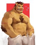  2020 abs anthro arm_tuft biceps body_hair brown_body brown_fur brown_hair chest_hair ear_piercing ear_ring facial_hair fur hair hi_res holding_towel hydaus male mammal muscular muscular_anthro muscular_male navel nipples nude open_mouth pecs piercing portrait pubes purple_eyes scar simple_background solo standing suid suina sus_(pig) teeth three-quarter_portrait tongue towel towel_only triceps tuft tusks wild_boar 