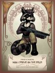  ! 2017 anthro art_nouveau avian belt bird black_nose boots bottomwear breasts cleavage clothed clothing detailed_background english_text eyebrows eyelashes female footwear fur grey_body grey_fur gun hair holding_object holding_weapon kneeling looking_at_viewer mammal on_one_knee pants pimpartist pinup pose poster procyonid raccoon ranged_weapon rifle shirt solo tank_top text topwear traditional_media_(artwork) weapon 