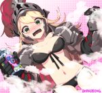  1girl :o armor ass_visible_through_thighs bikini black_bikini black_gloves blonde_hair blush breasts cleavage darkdong gauntlets genderswap genderswap_(mtf) gloves green_eyes guardian_tales helmet henshin highres long_hair midriff navel pill_bottle simple_background solo steam swimsuit 