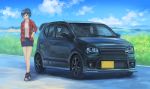  1girl blue_eyes blue_hair car flannel ground_vehicle highres looking_down momo_hiki motor_vehicle original personification scowl short_shorts shorts suzuki_(company) suzuki_alto tied_hair vehicle_focus vehicle_request 