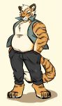  anthro belly chest_tuft clothed clothing collared_shirt fawnsdraws felid hands_in_pockets male mammal open_shirt pantherine pockets shirt solo standing tiger topwear tuft 