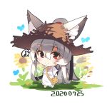  1girl animal_ear_fluff animal_ears bag bangs barefoot blush brown_headwear bug butterfly chibi closed_mouth commentary_request dated dress ears_through_headwear eyebrows_visible_through_hair flower fox_ears fox_girl fox_tail full_body grey_hair hair_between_eyes hair_rings hat high_ponytail highres insect long_hair long_sleeves looking_at_viewer musical_note original ponytail red_eyes shoulder_bag smile solo spoken_musical_note standing straw_hat tail very_long_hair white_background white_dress wide_sleeves yellow_flower yuuji_(yukimimi) 