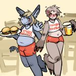  accessory alcohol anthro asinus beer beverage blonde_hair bottomwear burger chair claws clothing crop_top donkey duo equid equine fawnsdraws femboy_hooters food furniture hair hair_accessory hairclip hooves hotpants male mammal midriff pilosan shirt shorts sloth table topwear xenarthran 