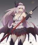  1girl alder armor bare_shoulders black_gloves breasts cleavage collarbone demon_girl demon_wings eyebrows_visible_through_hair feathers frills gloves gradient gradient_background granblue_fantasy greaves hair_between_eyes highres holding holding_sword holding_weapon horns jeanne_d&#039;arc_(granblue_fantasy) lavender_hair long_hair low_wings parted_lips red_eyes single_horn smile solo sword vambraces weapon wings 