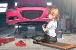  1girl ahoge bangs brown_hair car character_request copyright_request eyebrows_visible_through_hair fxx garage ground_vehicle highres looking_back mazda mazda_rx-8 motor_vehicle orange_eyes tied_hair virtual_youtuber 
