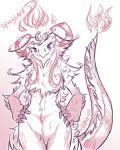  anthro breasts claws fan_character female fire fluffy fur hi_res horn kaiju multicolored_body multicolored_fur pink_body pink_fur simple_background solo two_tone_body two_tone_fur vipery-07 white_background white_body white_fur 