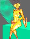  absurd_res android antennae_(anatomy) anthro areye_(artist) arthropod arthropod_abdomen erection exoskeleton genitals girly glistening glistening_body hi_res insect machine male mantis markings nipples penis ribbed_penis robot solo story story_in_description wide_hips 