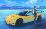  1girl blue_eyes brown_hair car ground_vehicle highres honda honda_nsx looking_to_the_side momo_hiki motor_vehicle original personification ponytail spoiler_(automobile) tied_hair torn_clothes vehicle_focus 