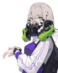  1girl bangs eyebrows_visible_through_hair from_side gas_mask green_eyes highres hood hoodie jacket looking_at_viewer mask mouth_mask nuo_nuomi_ci original smartwatch solo track_jacket upper_body watch white_background white_hair wristwatch 